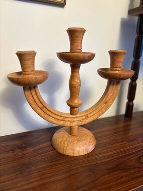 Handcrafted Wooden Three-Arm Candleabra